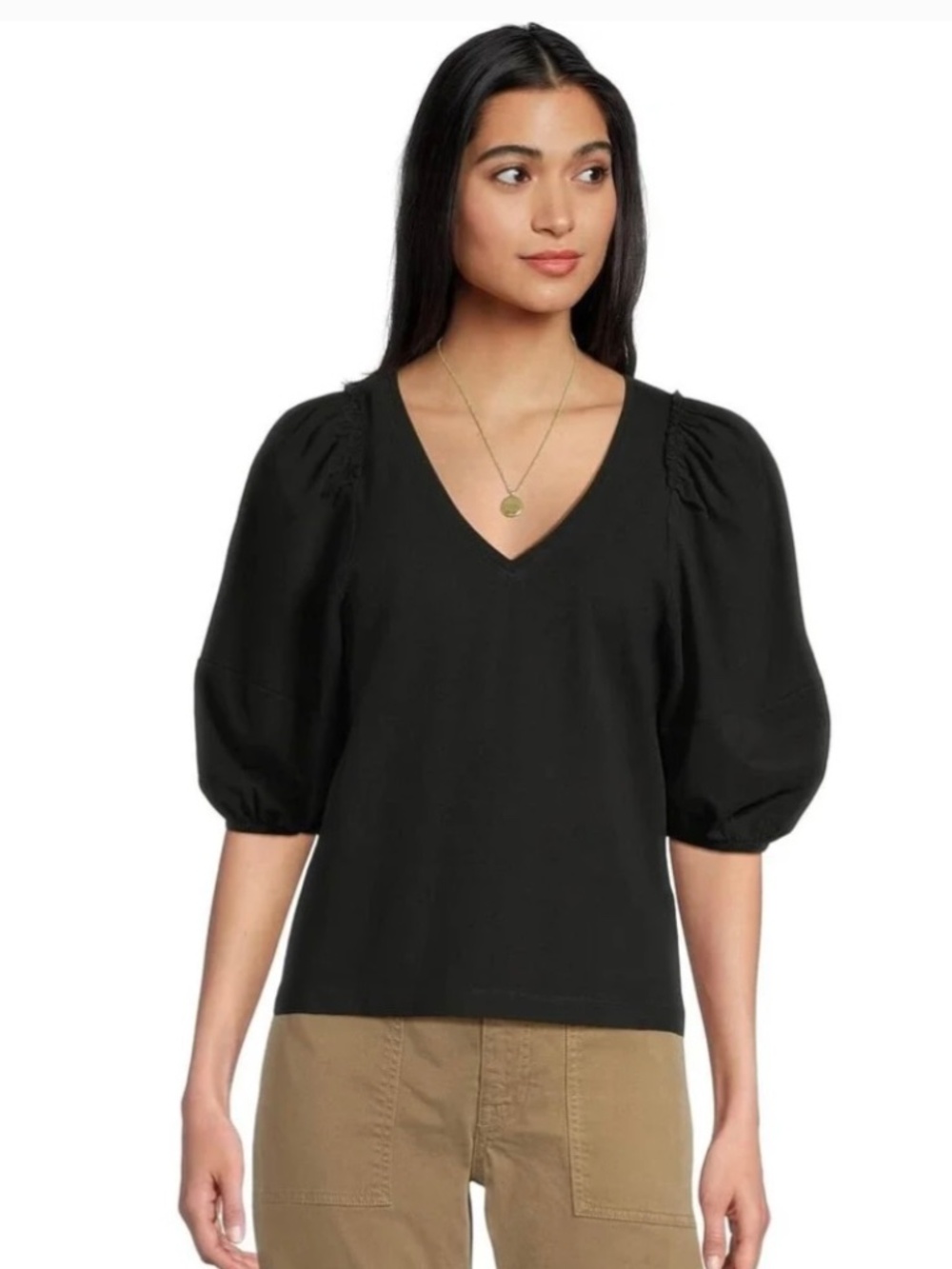 Madewell Women's Puff Sleeve V-Neck Tee Top in Black, Size XS, NWOT